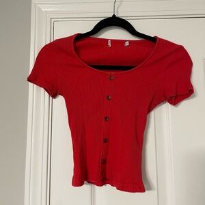 Red Short Sleeve Ribbed Top with Buttons Size Small